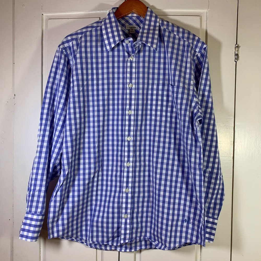 J. Peterman Mens Gingham Check Long Sleeve Button Up Shirt‎ Blue White Size M